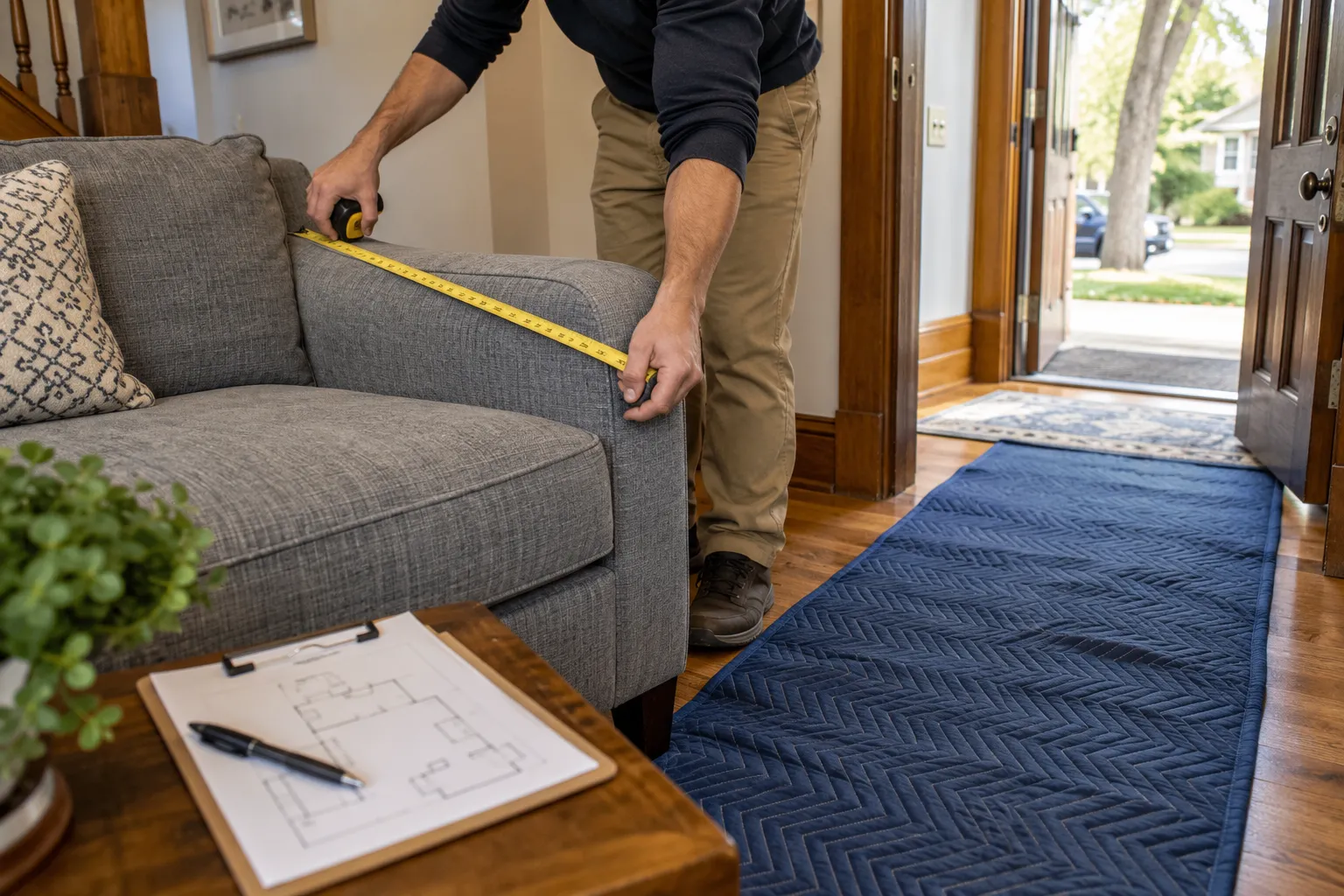 A sofa and doorway being measured before removal